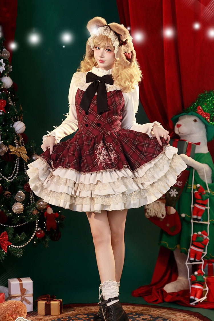 Red Chestnut Bear Cocoa Multi-Layered Christmas Plaid Print Ruffle Bowknot Sweet Cloak (Set) detail view 5