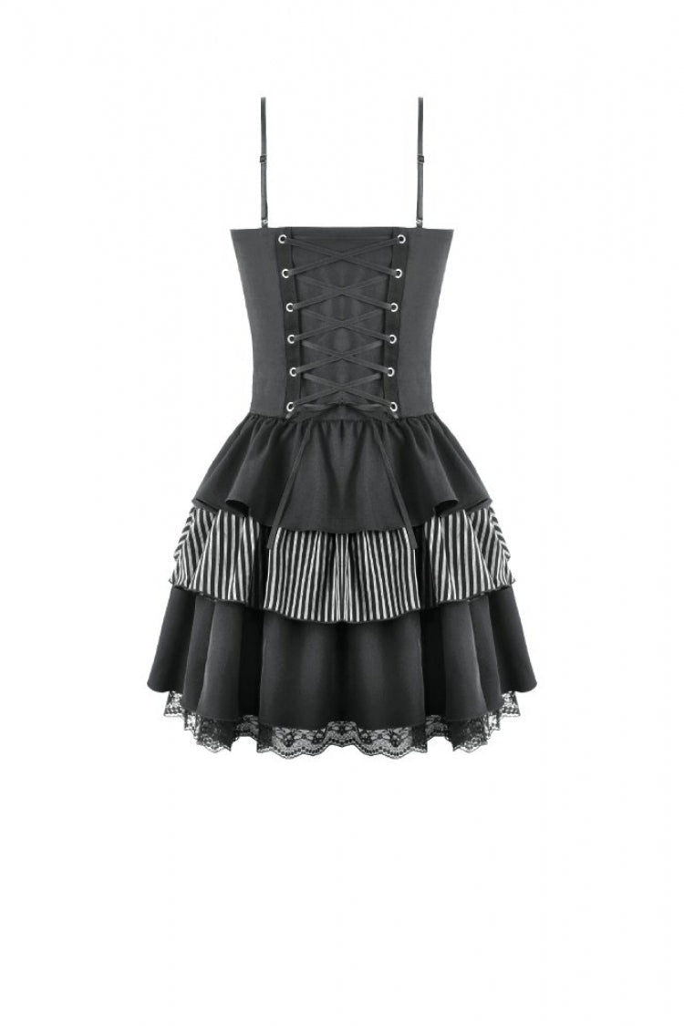 Black/White Contrast Stripes Lace-Up Multi-Layered Ruffled Hem Women's Gothic Slip Dress - Product - 14