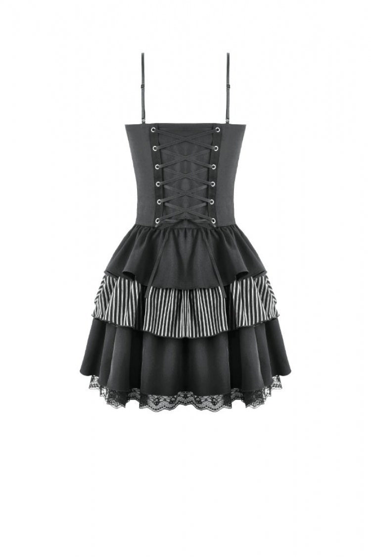 Black/White Contrast Stripes Lace-Up Multi-Layered Ruffled Hem Women's Gothic Slip Dress - Product - 14