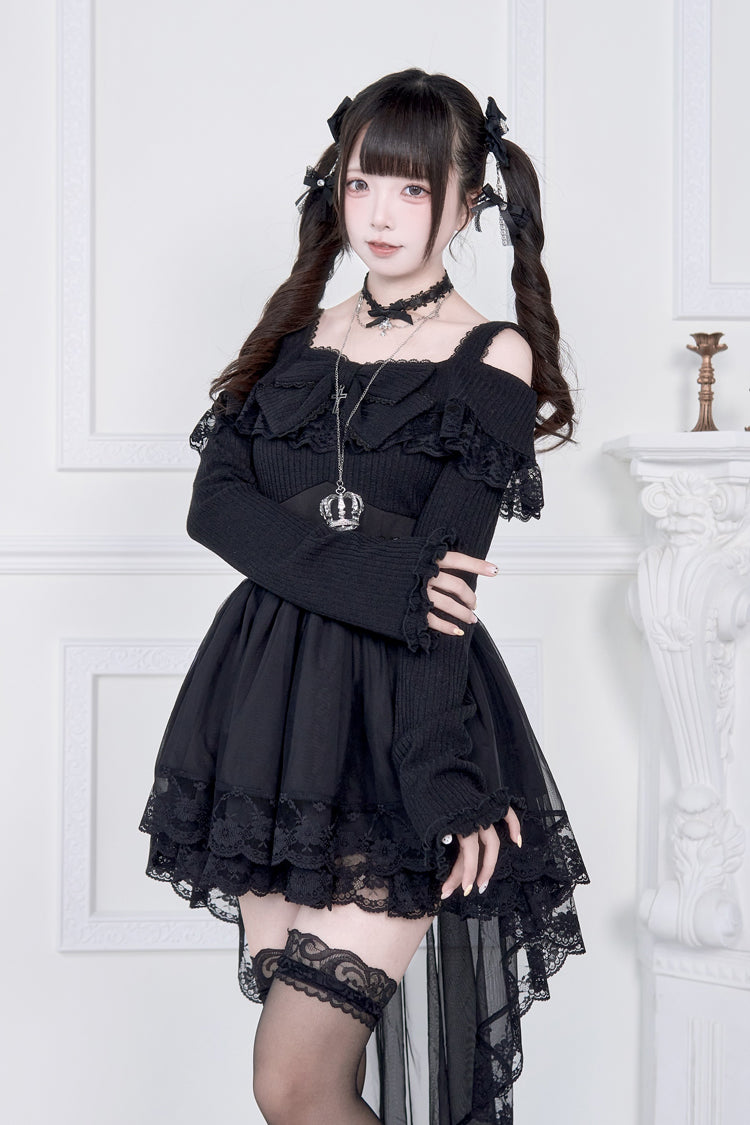Jirai Kei Fake Two Pieces Off Shoulder Long Sleeves Ruffle Bowknot Lace Gothic Dress 2 Colors - Black - 1