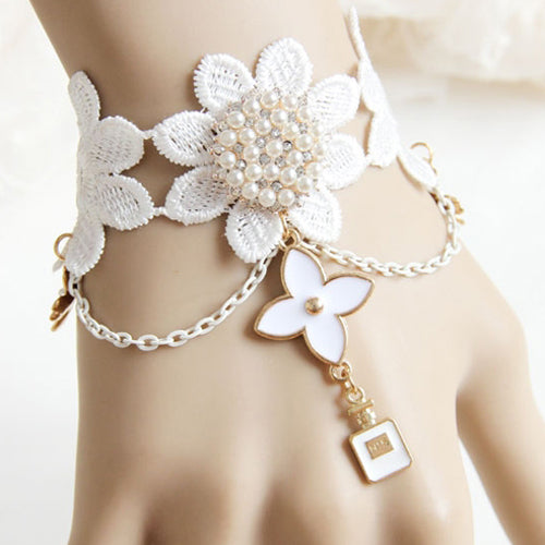 White Wrist Flower Lace Pearl Tassel Bridesmaid Bride Lolita Bracelet Wedding Dress Prom Accessories - Product - 1