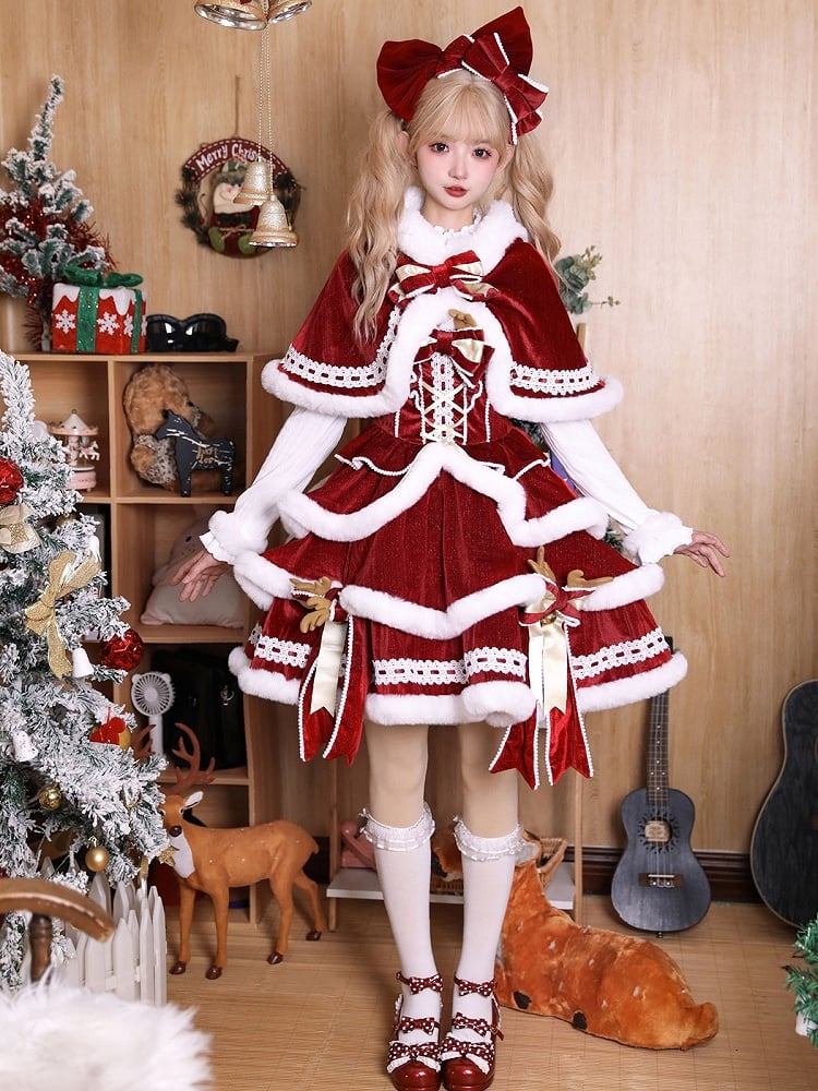 Red & White Christmas Lolita Full Set - JSK, Top & Cape detail view 3