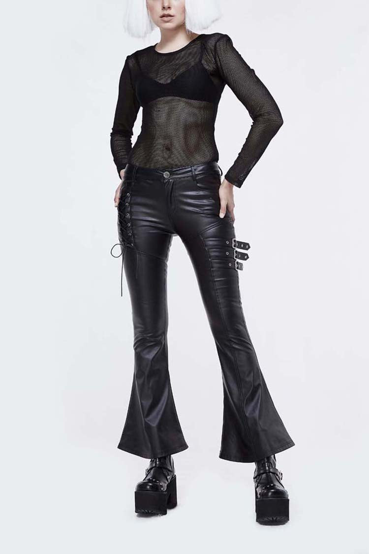 Black Hasp Leather Side Lace-Up Leather Tight Flared Women's Punk Pants - Black - 1