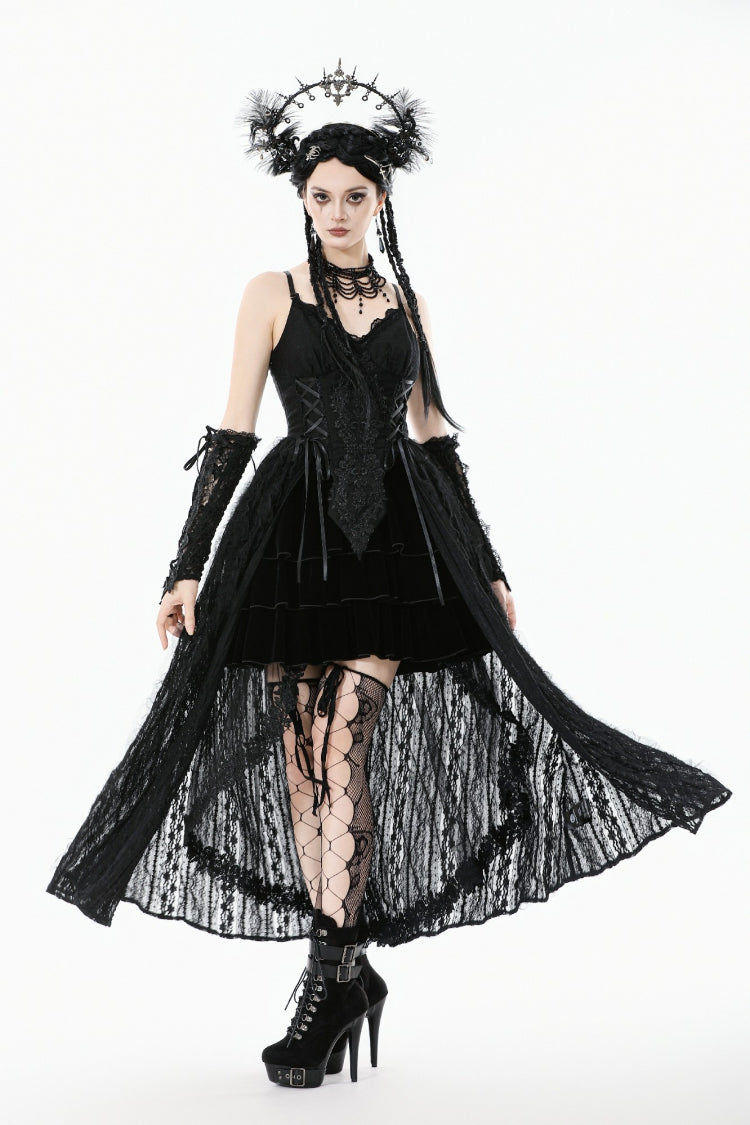 Black Sleeveless Floral Embroidered Lace Lace-Up Women's Gothic Slip Dress Wedding Dress - Product - 2