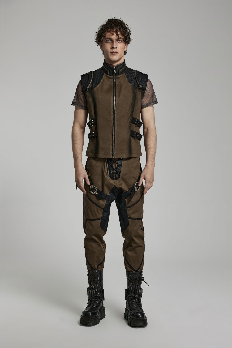Brown Stand Collar Side Waist Webbing Decorative Stitching Mens Steampunk Vest - Product - 6