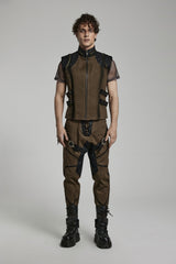 Brown Stand Collar Side Waist Webbing Decorative Stitching Mens Steampunk Vest - Product - 6
