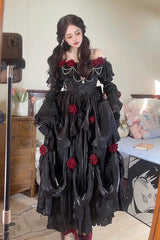 Black Tana Manor Rose Flower Long Sleeves Ruffle Bowknot Elegant Gothic Princess Lolita Strapless Dress - Product - 2