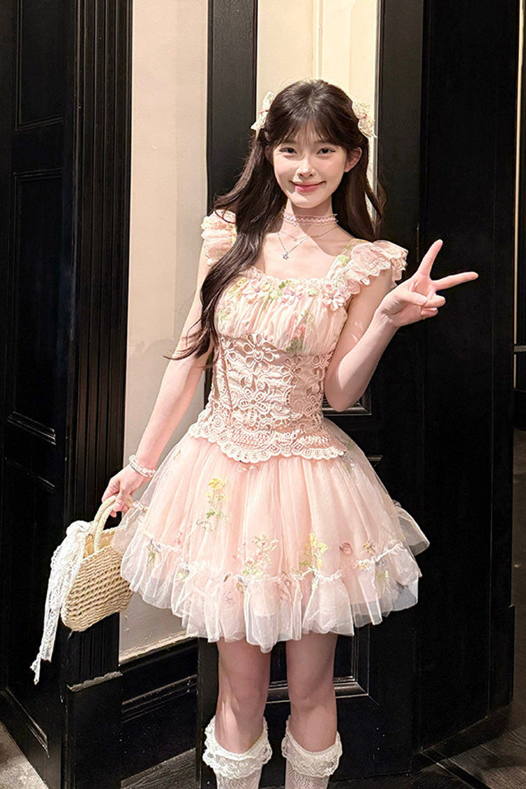 Pink [Raspberry Sweetheart] Square Collar Flutter Sleeves Ruffled Embroidered Bow Sweet Lolita Jsk Dress - Product - 2