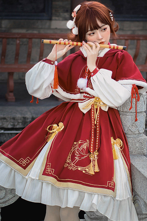 Red Chinese New Year Golden Crane Print Long Sleeve Sweet Lolita OP Dress - Product - 4