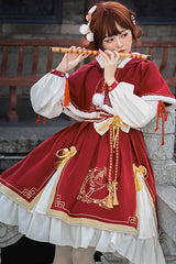 Red Chinese New Year Golden Crane Print Long Sleeve Sweet Lolita OP Dress - Product - 4