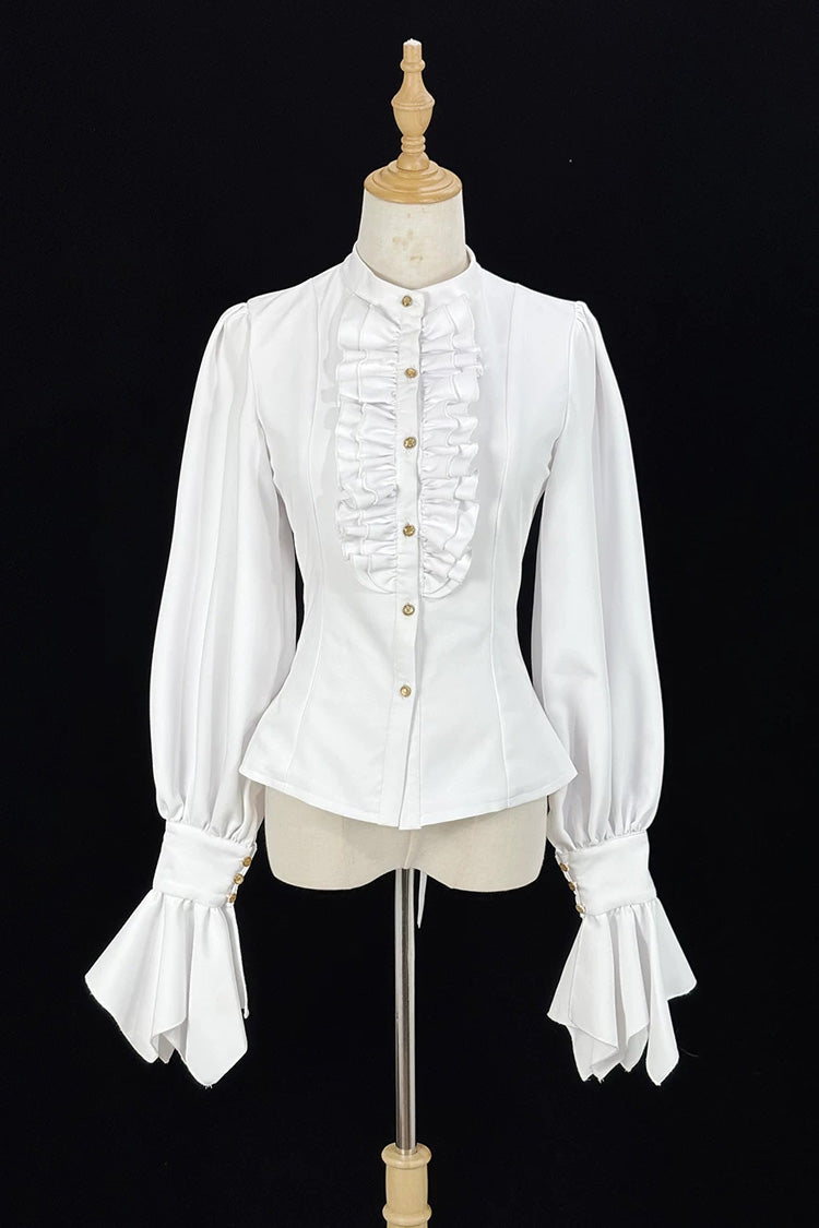 Black [Point Manor] Multi-Layered Striped Printed Ruffled Lifted Hem Bow Gothic Lolita Skirt - White-Solid-Blouse(Only) - 14