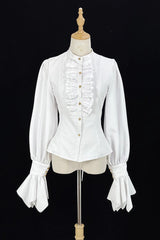 Black [Point Manor] Multi-Layered Striped Printed Ruffled Lifted Hem Bow Gothic Lolita Skirt - White-Solid-Blouse(Only) - 14