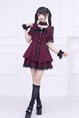 Red [Waltz] Short Sleeves Ruffle Bowknot Gothic Jirai Kei Japanese Dress Set - Product - 4