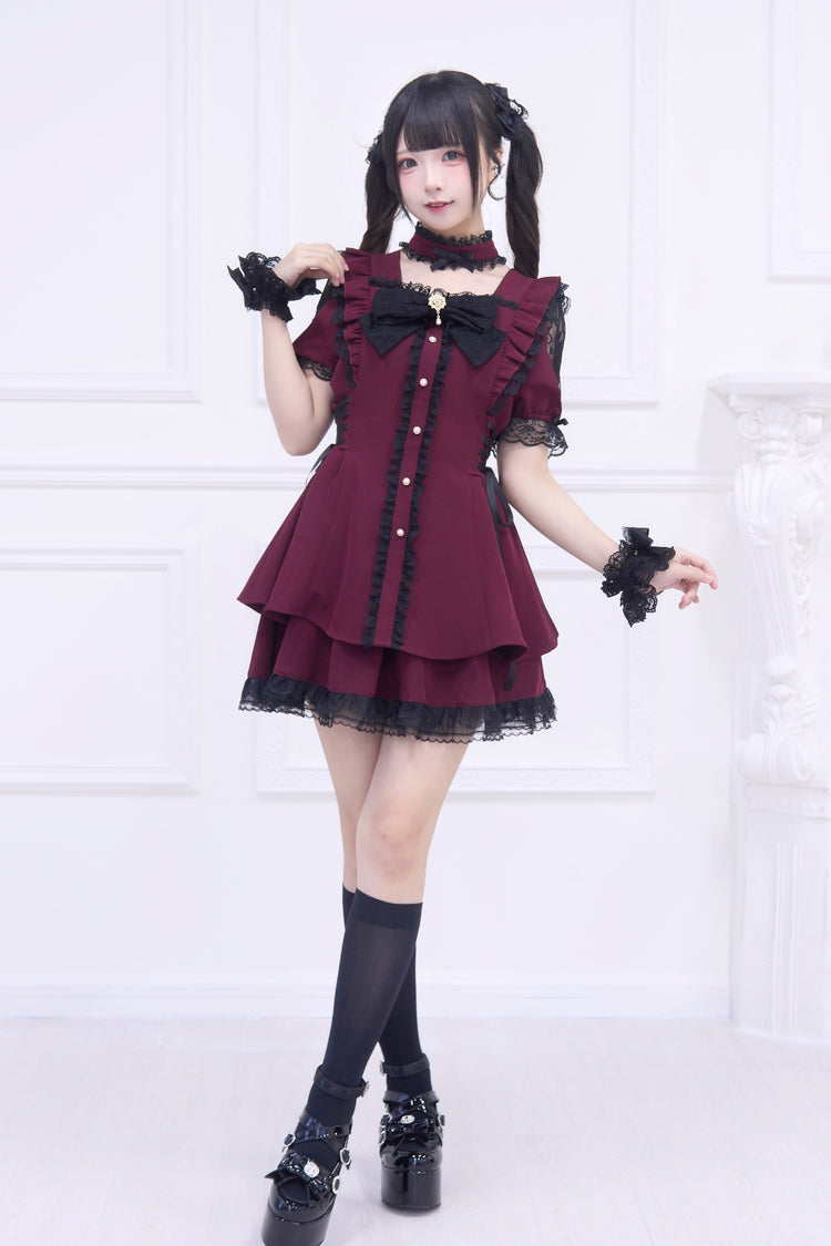 Red [Waltz] Short Sleeves Ruffle Bowknot Gothic Jirai Kei Japanese Dress Set - Product - 4