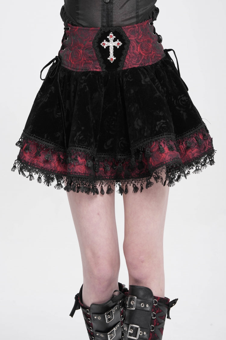 Black/Red Cross Tassel Print Women's Gothic Skirt - Product - 5
