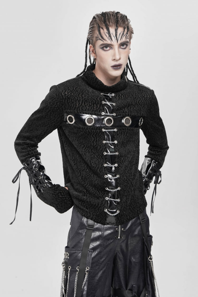 Black Stand Collar Long Sleeves Faux Leather Stitching Chain Eyelet Men's Punk Blouse - Product - 3