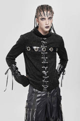 Black Stand Collar Long Sleeves Faux Leather Stitching Chain Eyelet Men's Punk Blouse - Product - 3