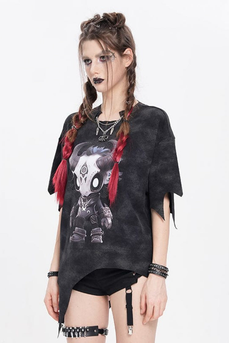 Black Short Sleeves Hitt Print Irregular Women's Punk T-Shirt - Product - 5
