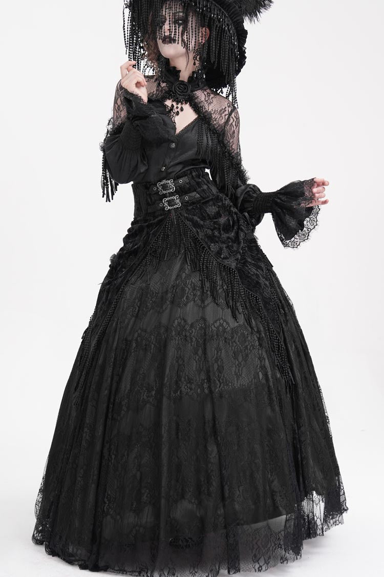 Black Print Embroidery Tassels Buckle-up Lace-Up Women's Gothic Long Skirt - Product - 8