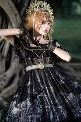 Black [Castle Feast] Print Ruffle Bowknot Gothic Princess Lolita Jsk Dress - Product - 5