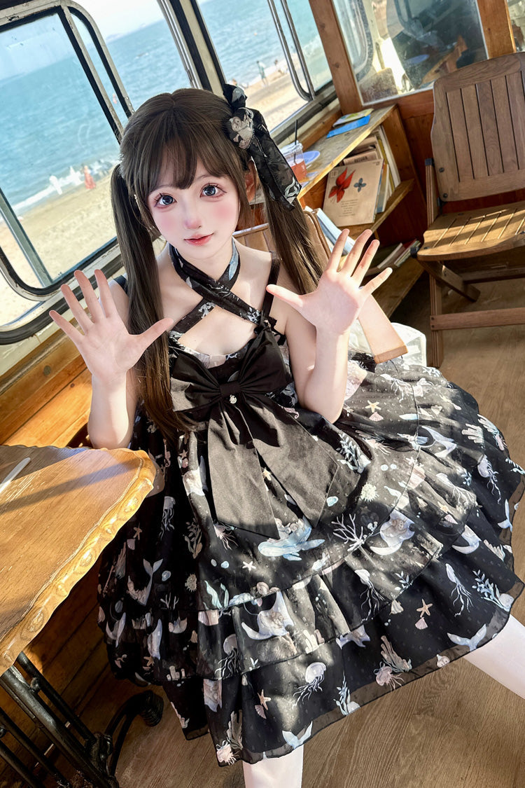 [Ocean Sweetheart] Halterneck Sleeveless Triple-Layered Printed Ruffled Bow Lace Sweet Lolita Strap Dress 5 Colors - Product - 2