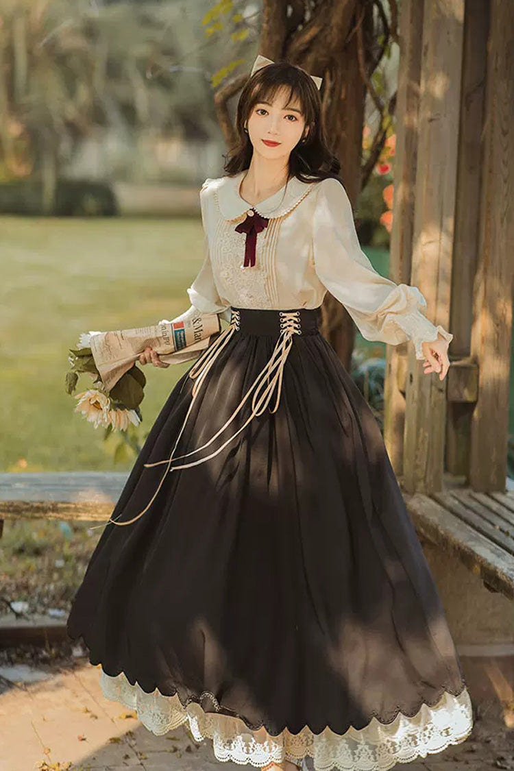 Black Lapel Collar Long Sleeves High Waisted Lace-Up Wave Hem Classic Lolita Two-Piece Skirt Set - Product - 3
