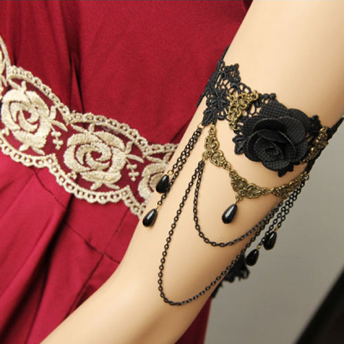 Black Vintage Bride Wedding Rose Flower Lace Pearl Metal Gothic Lolita Armband Bracelet - Product - 2
