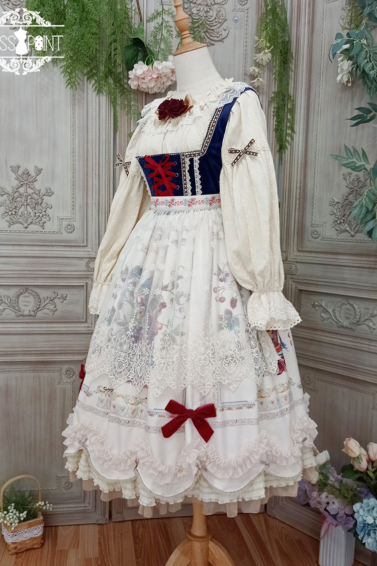 Ivory [Ode to Plenty] Berries and Birds Print Ruffle Bowknot Velvet Classic Lolita Breast Support Jsk Dress - Product - 3