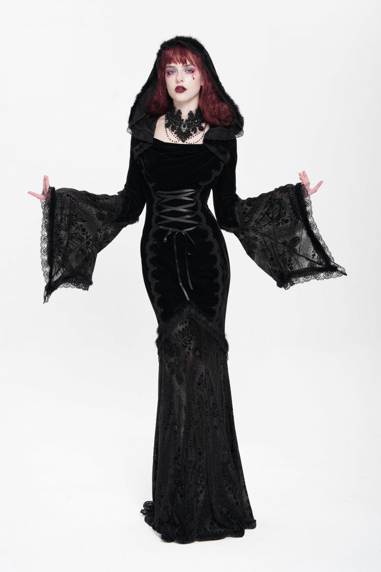 Black Long Trumpet Sleeves Embroidery Stitching Lace Hooded Mesh Women's Gothic Dress - Black - 1