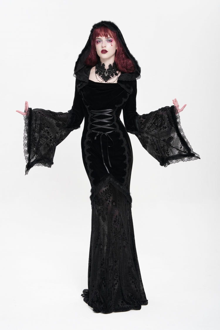 Black Long Trumpet Sleeves Embroidery Stitching Lace Hooded Mesh Women's Gothic Dress - Black - 1