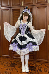 Black/Purple [Prelude of Ribbons] Square Collar Sleeveless Jacquard Ruffled Open-Front Bow Lace Pearl Detail Floral Wall Plus Size Sweet Lolita Jsk Dress - Product - 6