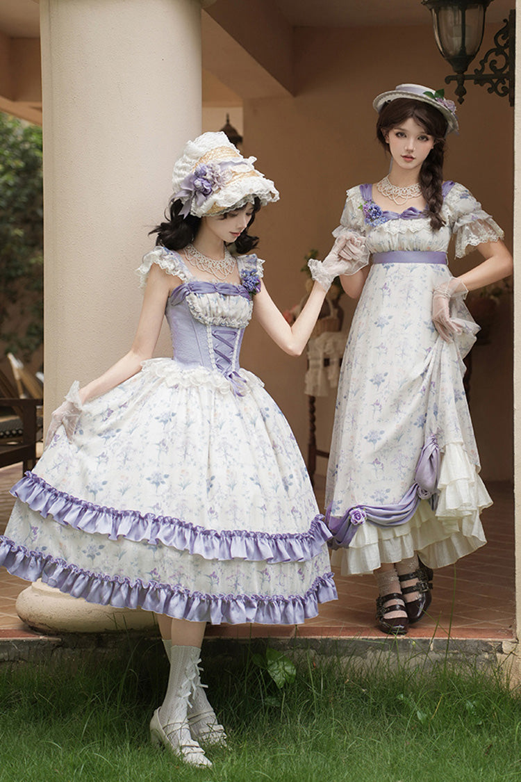 Purple/Ivory [Iris Secrets] Double-Layered Print Ruffle Bowknot Lace-Up Fake Two Pieces Sweet Lolita Jsk Dress - Product - 6