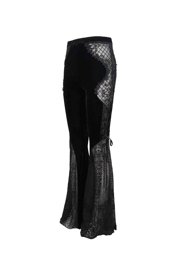 Black Translucent Velvet Jacquard Sexy Panel Lace-Up Plaid Flared Gothic Women's Pants - Product - 8