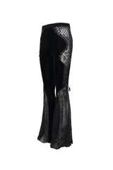 Black Translucent Velvet Jacquard Sexy Panel Lace-Up Plaid Flared Gothic Women's Pants - Product - 8