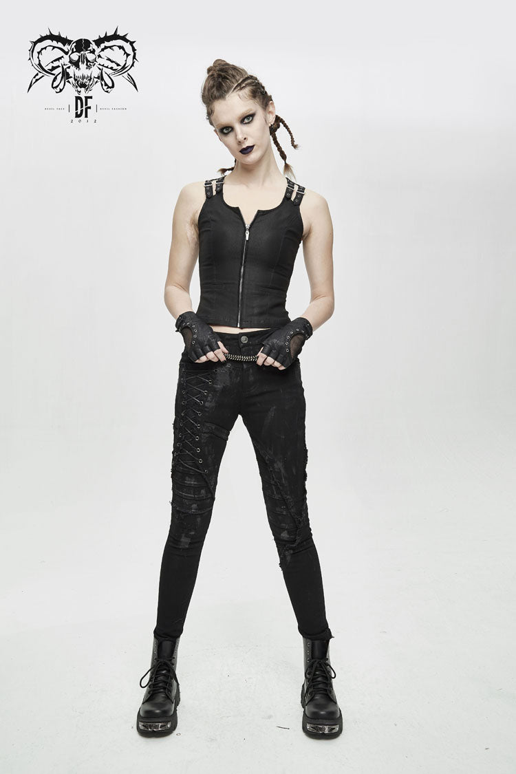 Black Lace Up Double Loops Front Shoulder Backless Women's Punk Waistcoat - Product - 4
