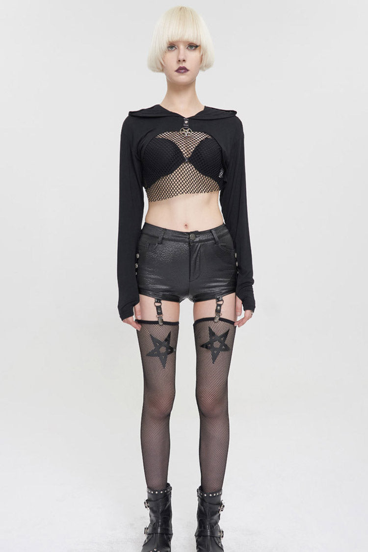 Black Punk Long Sleeve Knitted Chest Mesh Perspective Back Drawstring Adjustment Hoodie Women's Shirt - Product - 6