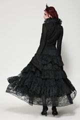 Black Lace Ruffled V Stand Collar Long Flared Sleeves Jacquard Women's Gothic Blouse - Product - 11