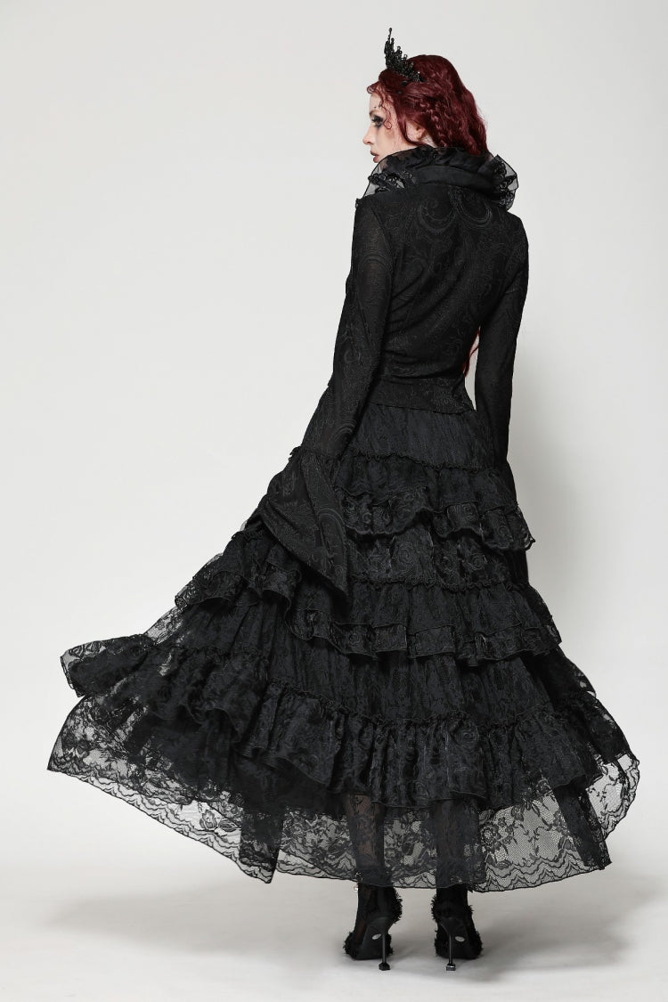 Black Lace Ruffled V Stand Collar Long Flared Sleeves Jacquard Women's Gothic Blouse - Product - 11