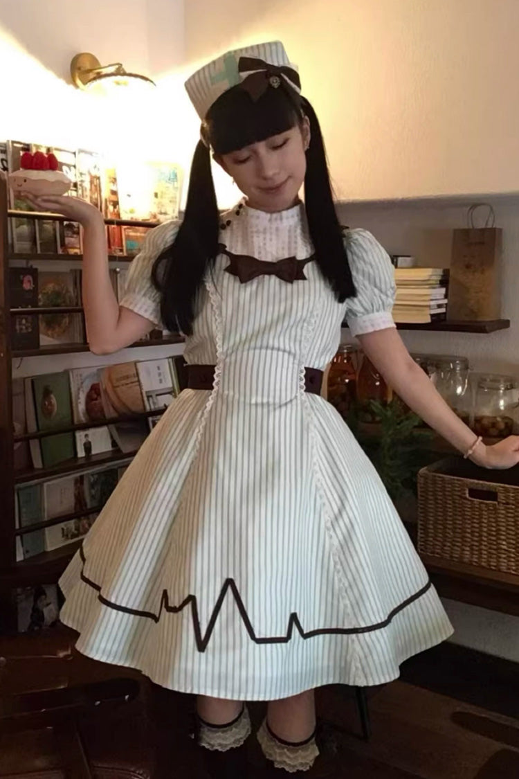 Light Green [Mint Prescription] Stand Collar Short Sleeves Vertical Stripe Printed Bow Sweet Lolita Nurse Dress - Product - 2