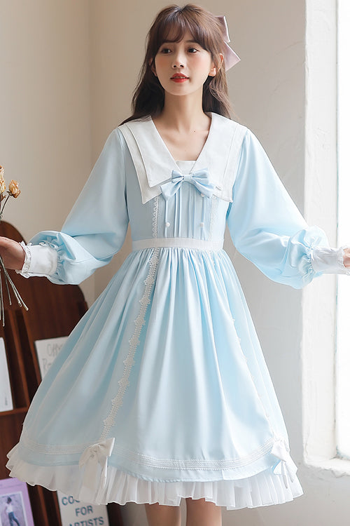 Lapel Collar Lantern Sleeves High Waisted With Bow Sweet Lolita OP Dress - Product - 2