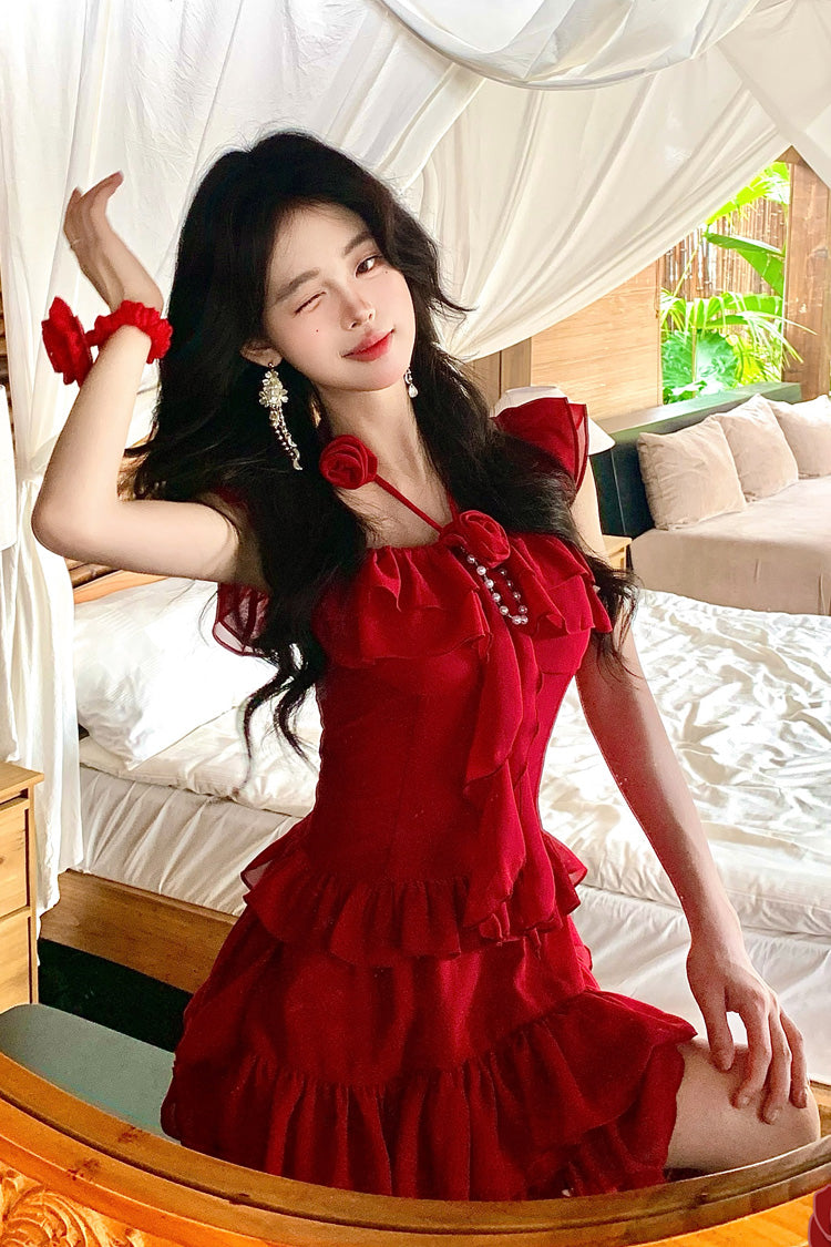 Red [Summer Seaside] Short Sleeves Triple-Layered Ruffle Bowknot Irregular Holiday Style Sweet Lolita Dress - Product - 2
