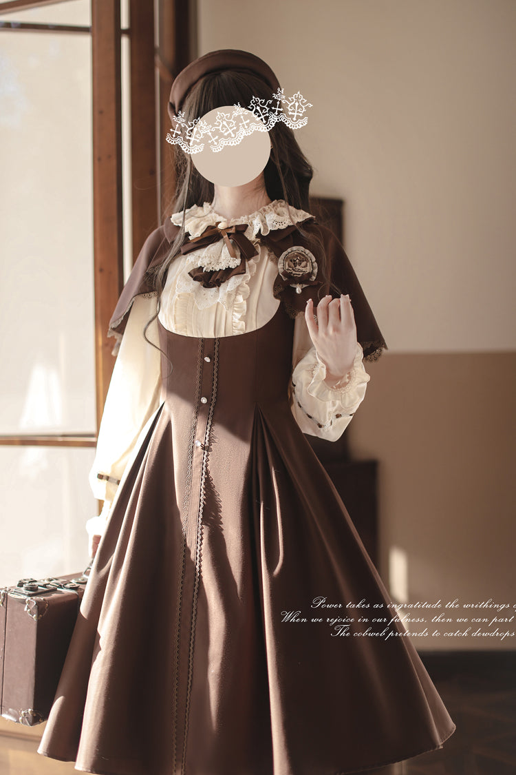 Brown/White [Sunset Academy] Long Sleeves Ruffle Bowknot Fake Two Pieces Vintage College Style Elegant Lolita Dress - Product - 10