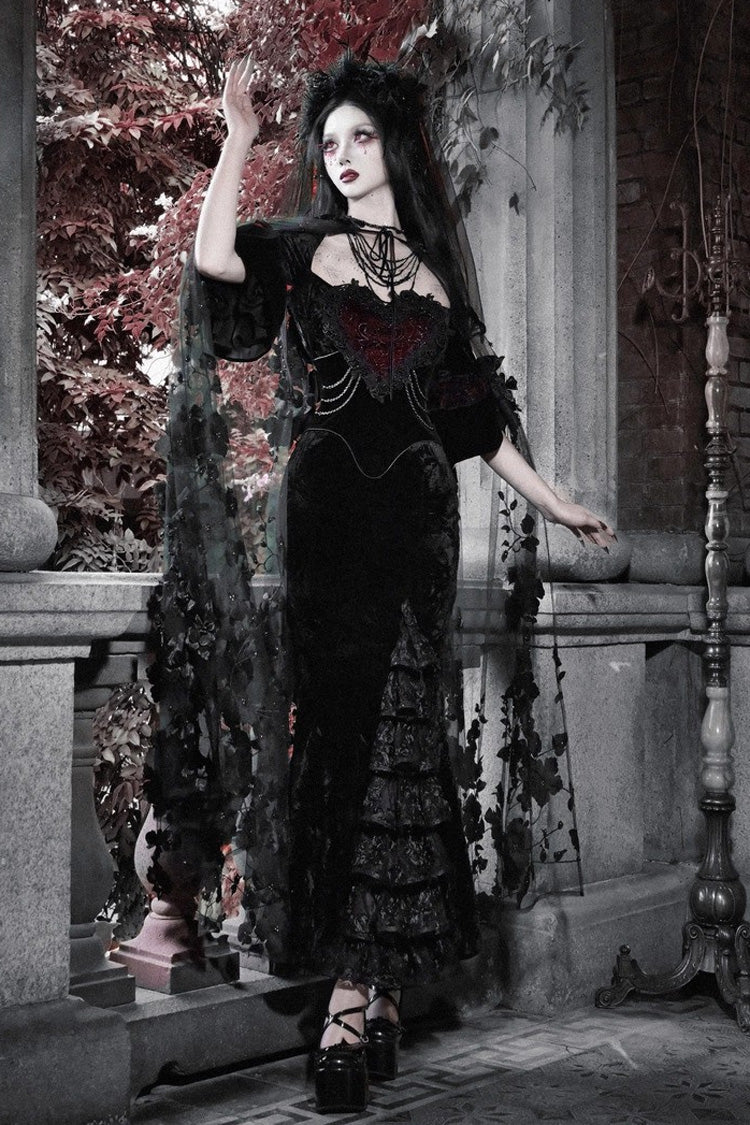 Black [Castle of Dark Romance] Square Collar Short Sleeves Multi-Layered Ruffled Embroidered Open-Front Lace Gothic Lolita Mermaid Dress - Product - 11