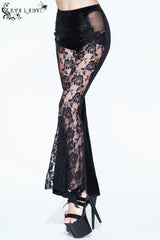 Black Side Bead Chain Flowers Splice Rose Pattern Lace Embossed Women's Gothic Knitted Flare Trousers - Product - 3