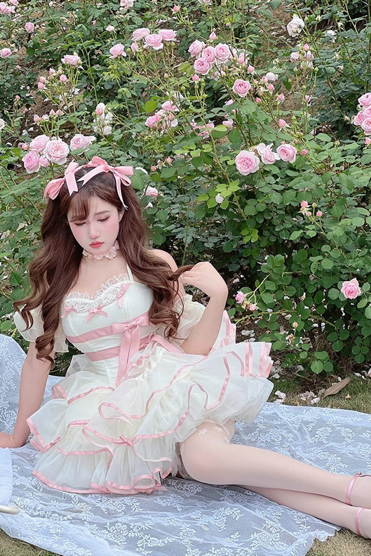 Pink/Beige Ballerina Style Bowknot Slim Fluffy Princess Sweet Lolita Tiered Dress - Product - 6
