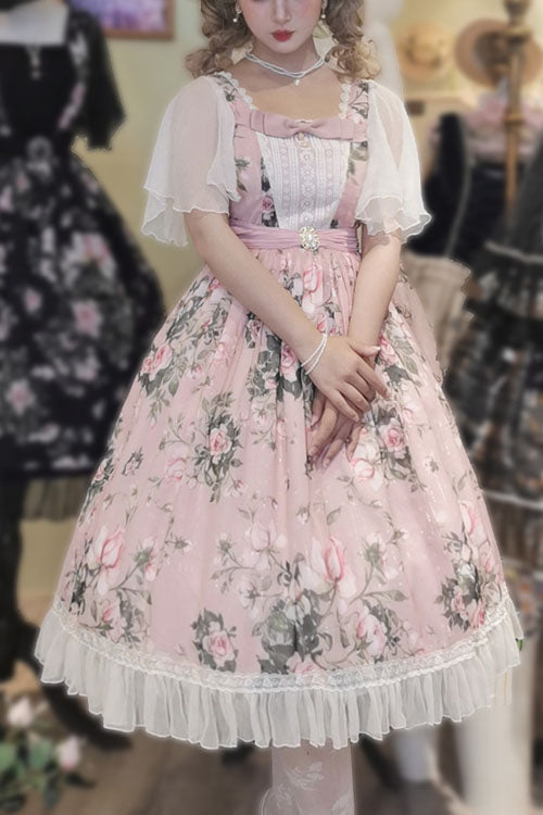 Pink Elegant Vintage French Rose Print Square Collar Ruffled Classic Lolita OP Dress - Pink - 1