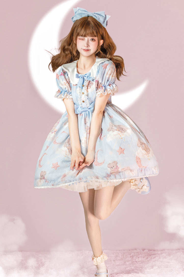 Star Wishing Bear Print Short Sleeves Bowknot Sweet (Dress Only) detail view 4