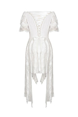 White Off Shoulder Lace Short Sleeves Lace-Up Women's Steampunk Luxurious Wedding Graduation Dress - Product - 16