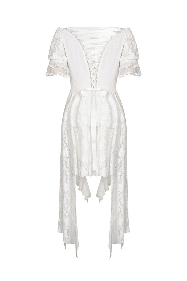 White Off Shoulder Lace Short Sleeves Lace-Up Women's Steampunk Luxurious Wedding Graduation Dress - Product - 16