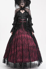 Wine Red Print Embroidery Tassels Buckle-up Lace-Up Women's Gothic Long Skirt - Product - 8
